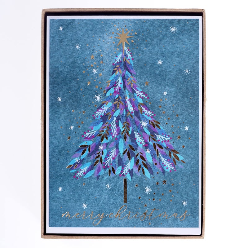 جرافيك بطاقات عطلة شجرة Graphique الذهبية والأرجوانية - حزمة مكونة من 15 بطاقة مع مظاريف - تحيات عيد الميلاد - رقائق ذهبية ولمسات لامعة - مجموعة معلبة - 4.75 بوصة × 6.625 بوصة - Image 1